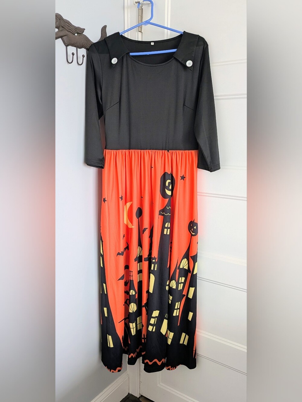 Halloween Black & Orange Maxi Dress with Spooky Print, NWOT